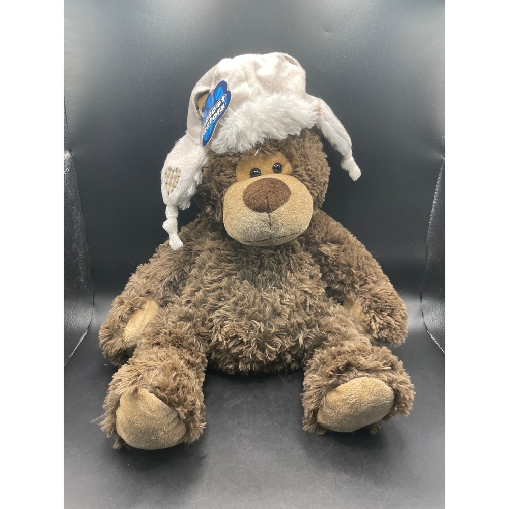 Mascot Factory Brown Shaggy Plush Teddy Bear with White Trapper Hat Heart Patch